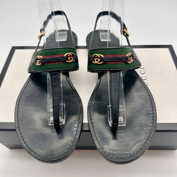 Gucci Siryo GG Web Strap Flat Leather Sandals Interlocking Black Thong EU 36.5 - Picture 2 of 12